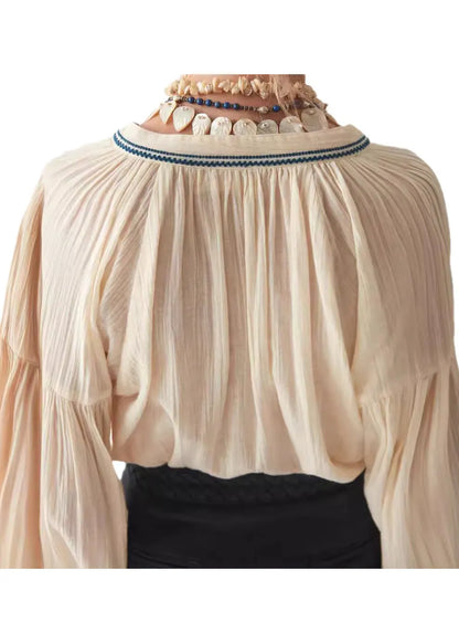 New Beige Embroidered Puff Sleeve Cotton Shirt Top
