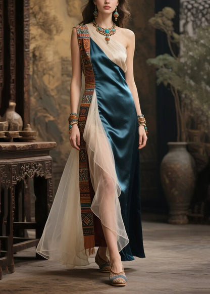 Fitted Peacock Blue One Shoulder Patchwork Tulle Party Dress Summer