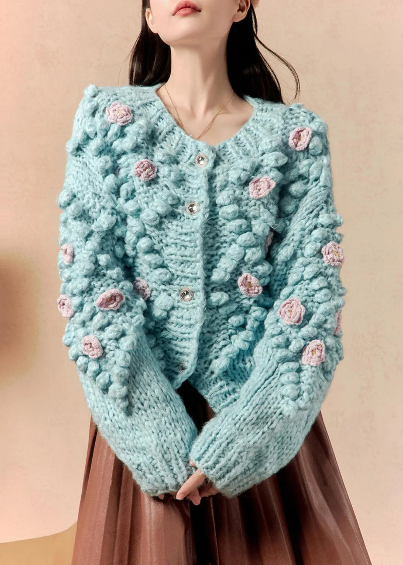 Blue O Neck Button Knit Cardigan Winter