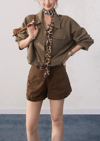 French Army Green Oversized With Pockets Cotton Blouse Tops Fall