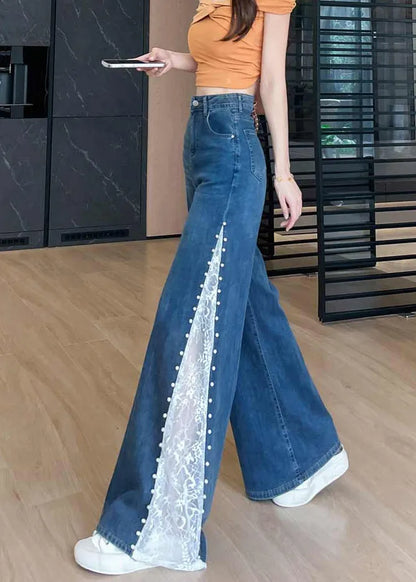 Navy Patchwork Lace Denim Flared Trousers Rivet Fall