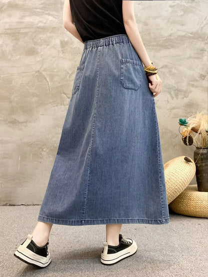 Summer Artsy Flower Embroidert Denim Skirt