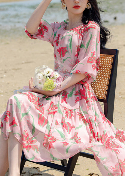 Pink Print Patchwork Chiffon Long Holiday Dress Summer