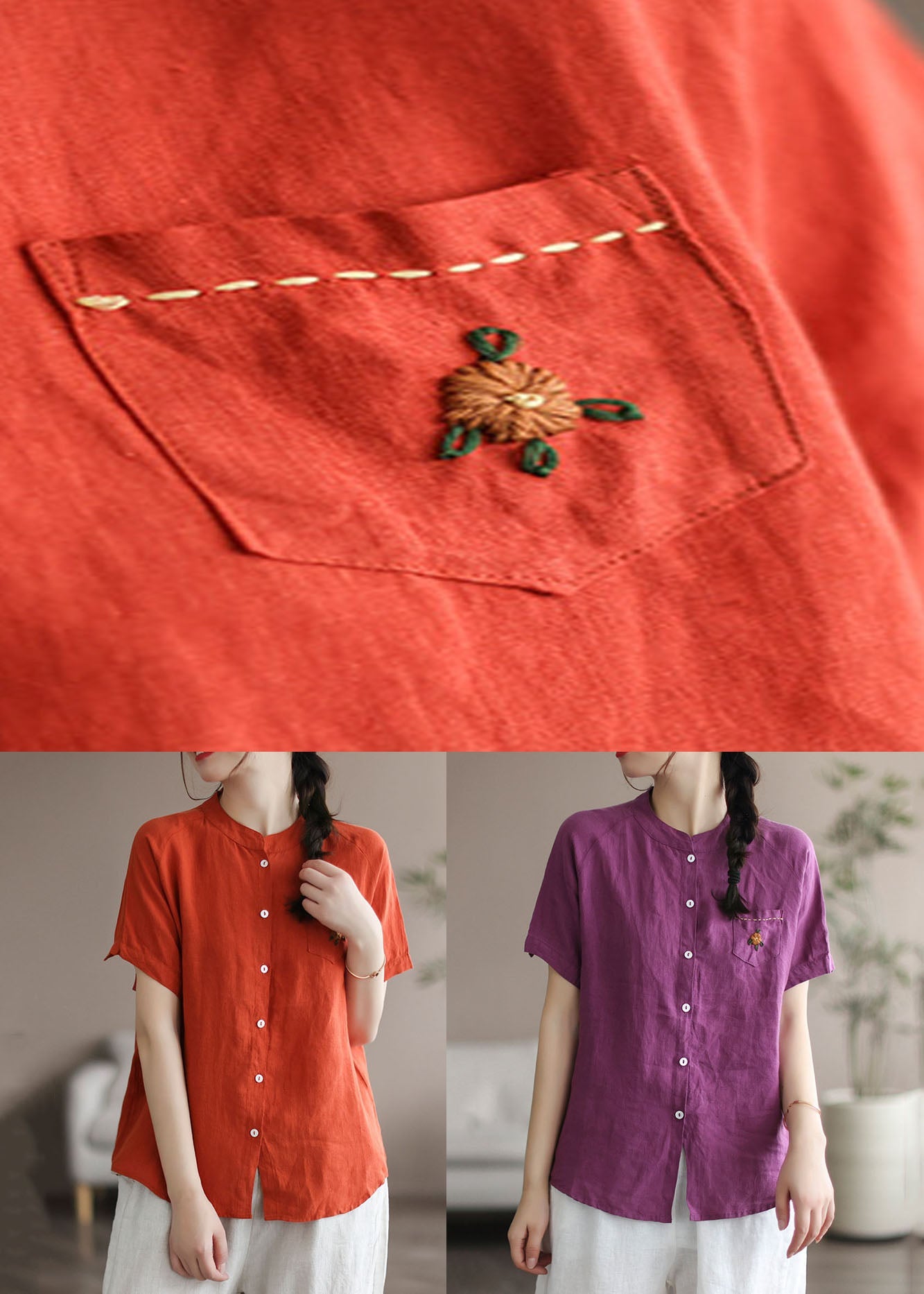 Purple Embroidered Patchwork Linen Blouse Top Summer
