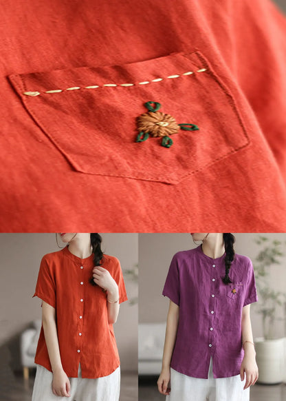 Purple Embroidered Patchwork Linen Blouse Top Summer