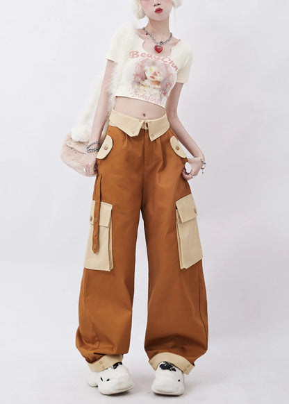 Brown Patchwork Pockets Cotton Pants Trousers Spring