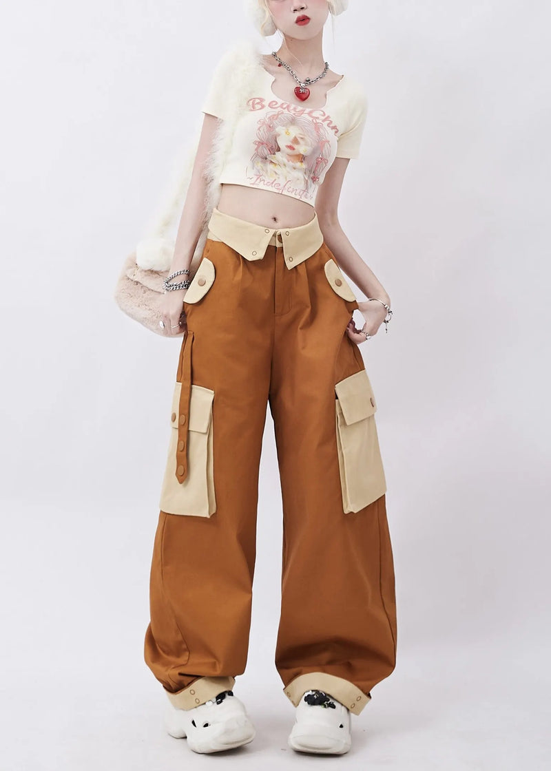Brown Patchwork Pockets Cotton Pants Trousers Spring
