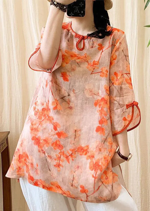 Orange O-neck Print Button Side Open Linen Shirt Half Sleeve