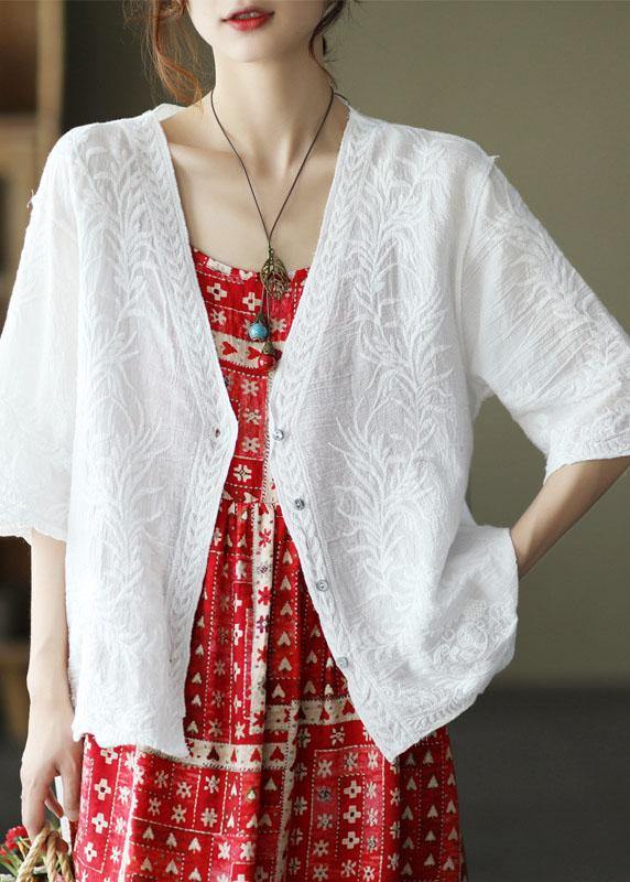 White Cotton V Neck Embroidered Half Sleeve Tops
