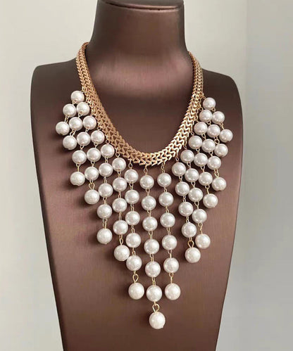 White Alloy Chain Grapes Pearl Tassel Pendant Necklace