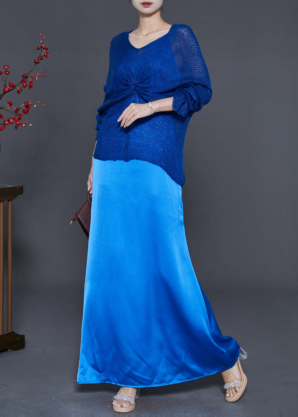 Blue Asymmetrical Design Knit Tops and Dresses Two Piece Suit Set Fall