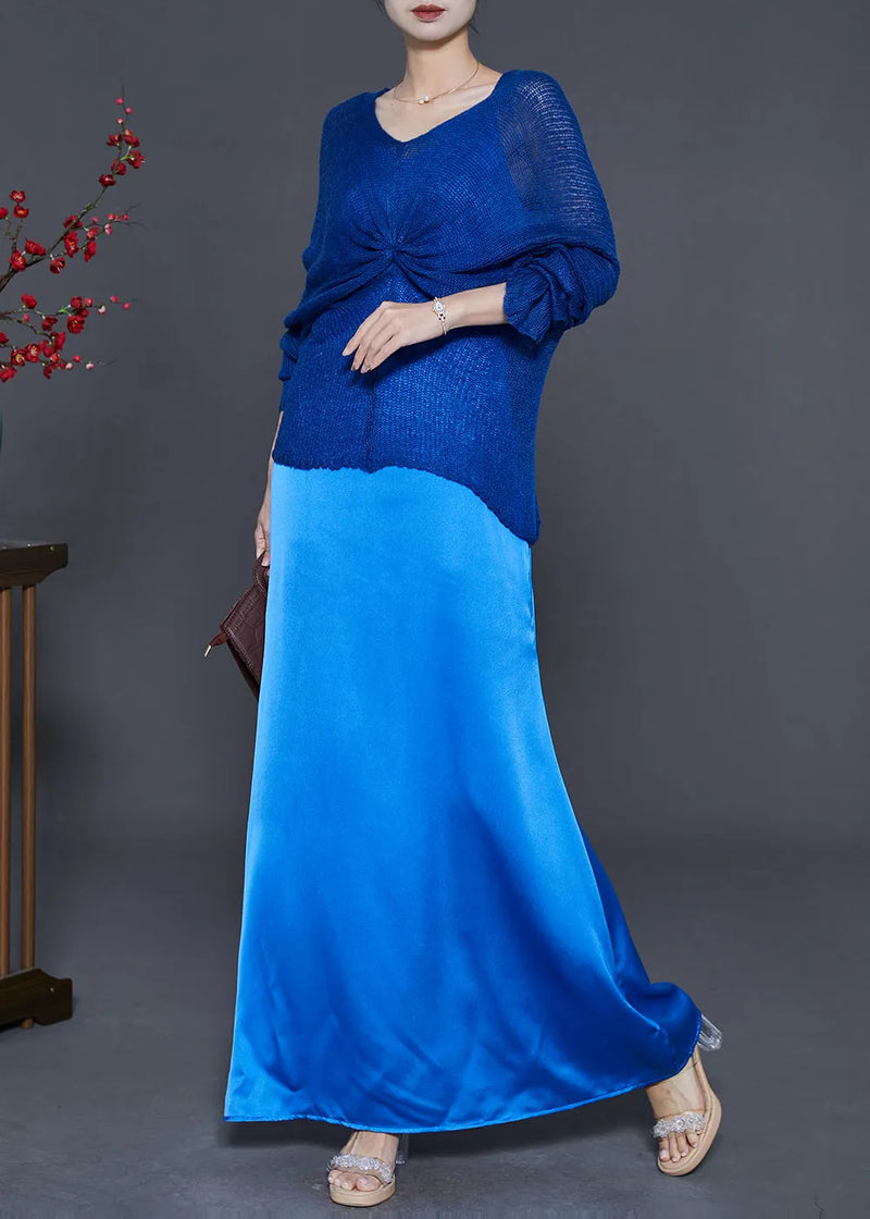 Blue Asymmetrical Design Knit Tops and Dresses Two Piece Suit Set Fall