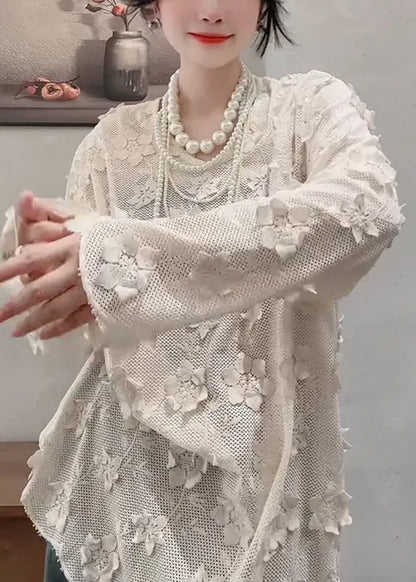 French Apricot O-neck Decorated Top Fall