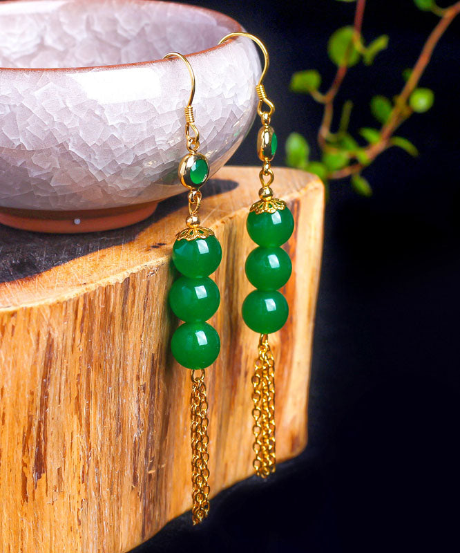 Green Sterling Silver Overgild 14k Gold Jade Tassel Drop Earrings