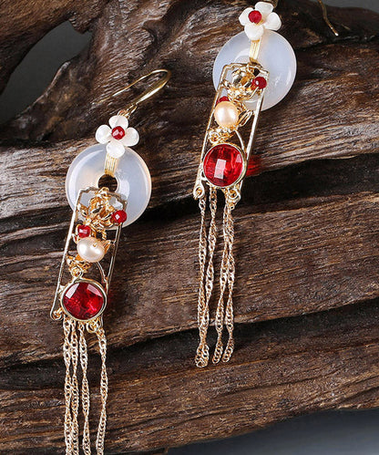 White Copper Jade Agate Pearl Tassel Drop Earrings