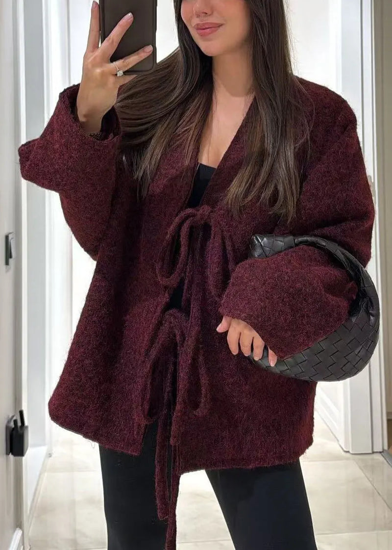 Boutique Mulberry V Neck Lace Up Woolen Coat Fall