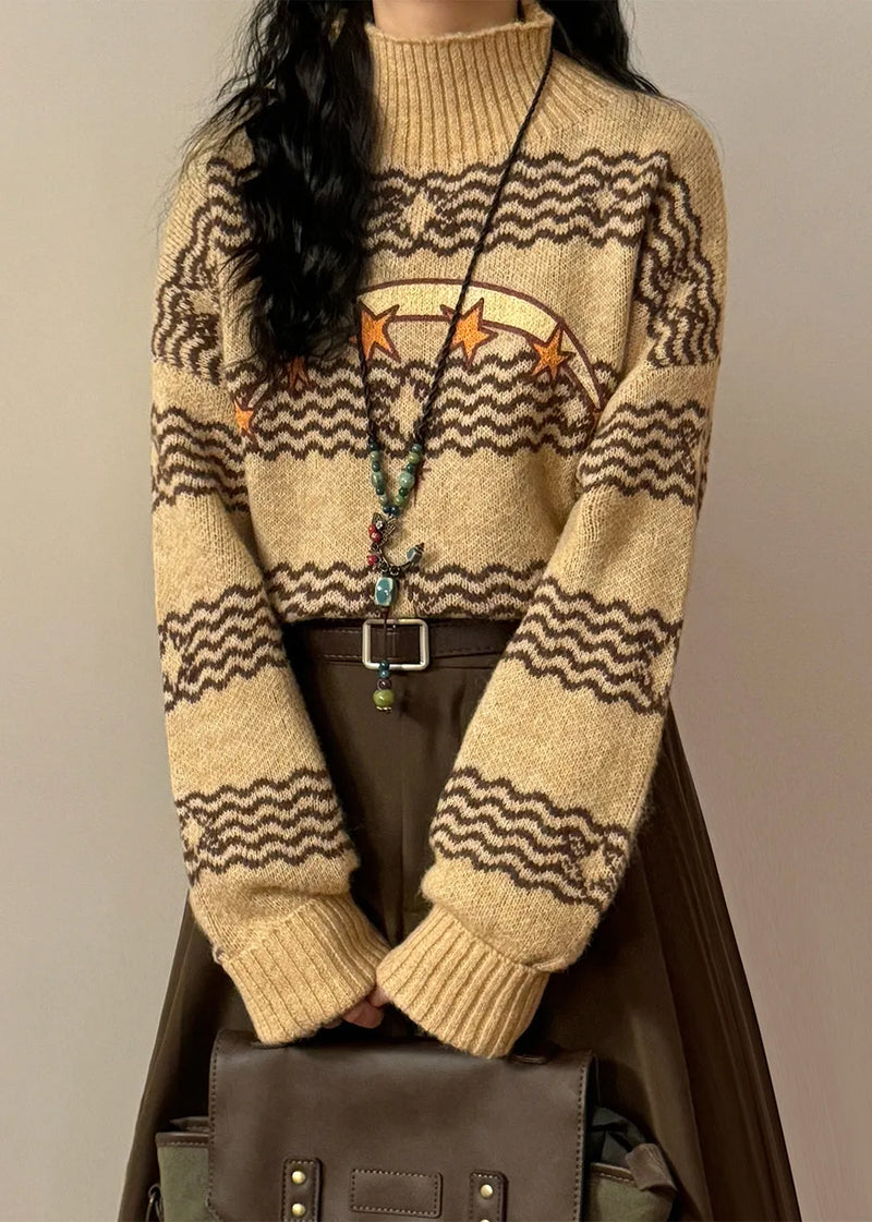 Loose Blue Striped Stars Knit Sweaters Winter