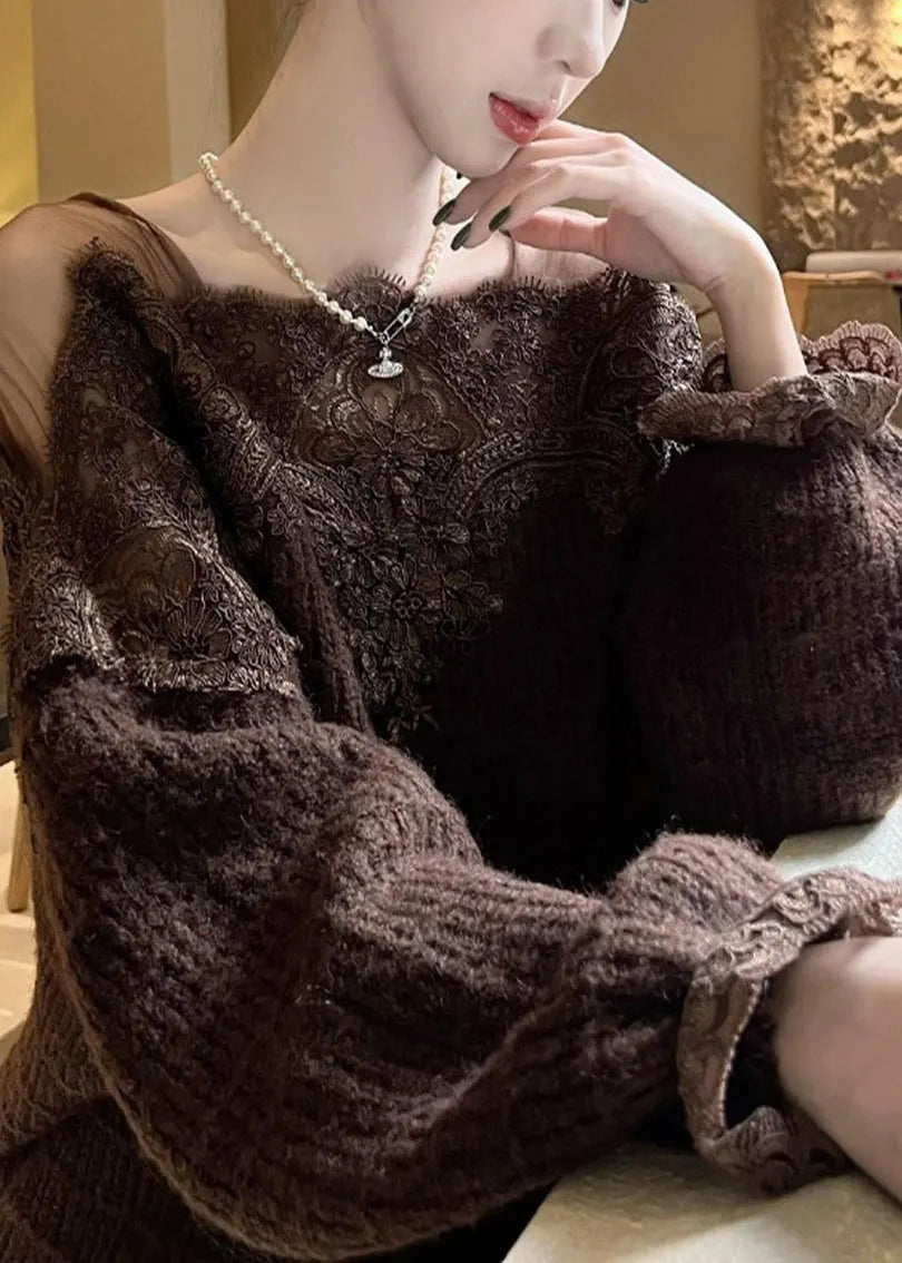 Diy Brown Oversized Lace Patchwork Knit Pullover Winter