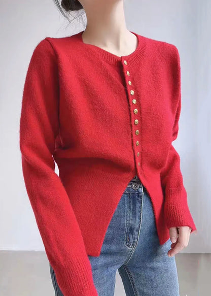 Red O Neck Button Knit Coats Spring