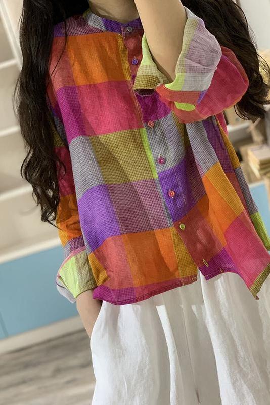 Limited Stock- Irregular Plaid 100% Ramie Button Blouse
