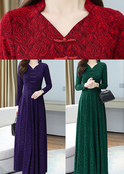 Green Print Chinese Button Cotton Long Dresse Spring