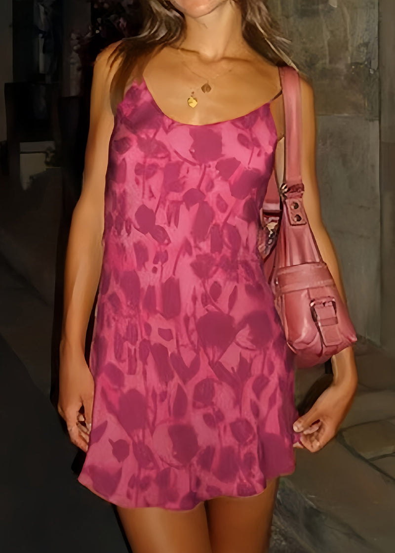 French Rose Print Mini Spaghetti Strap Dress Summer