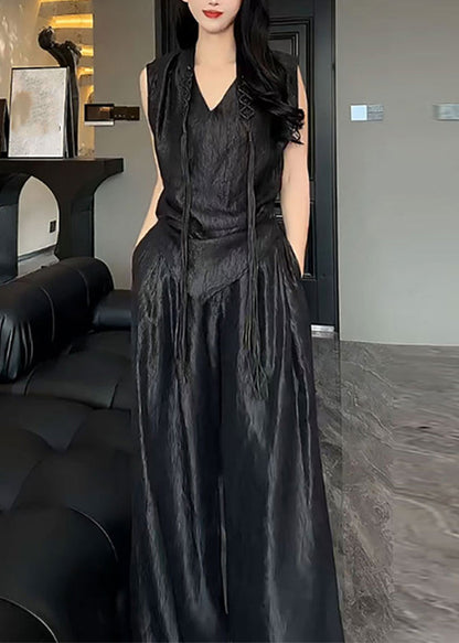 White V Neck Asymmetrical Silk Top and Pants Two Pieces Set Summer