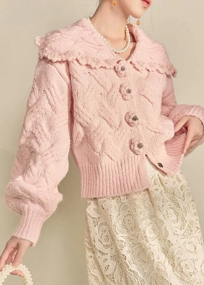 Pink Peter Pan Collar Cotton Knit Cardigans Lantern Sleeve