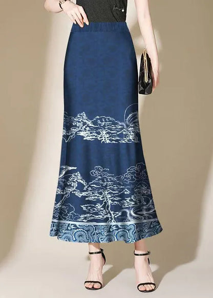 Navy Print Side Open Cotton Skirt Summer