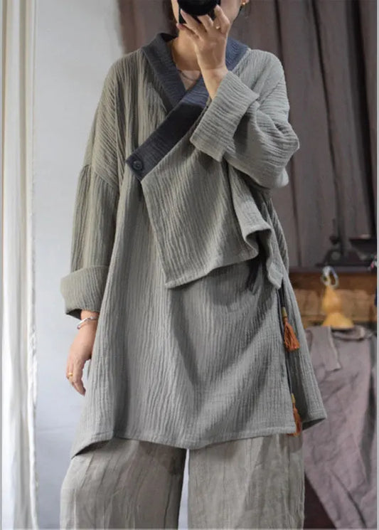 Original Design Grey V Neck Tassel Lace Up Cotton Coat Spring