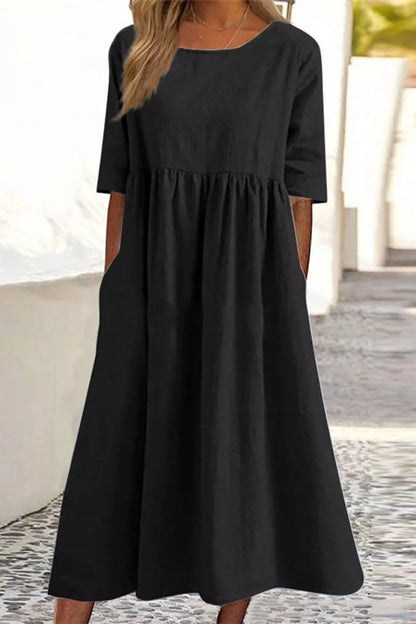 Half Sleeve Pleated Pocket Cotton Dress(9 Colors)
