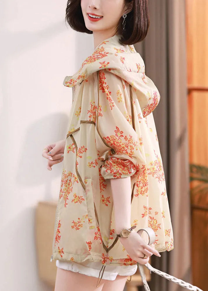 Beige Print Pockets Hoodie Upf 50+ Coat Jacket Spring