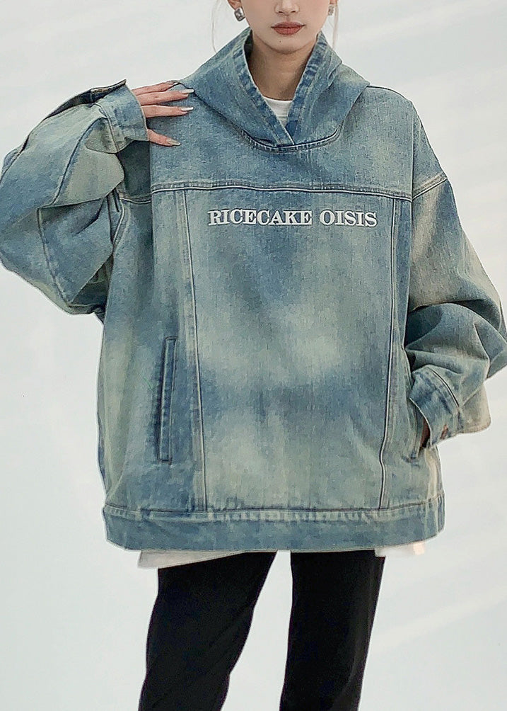 Denim Blue Patchwork Embroidered Hooded Coat Fall