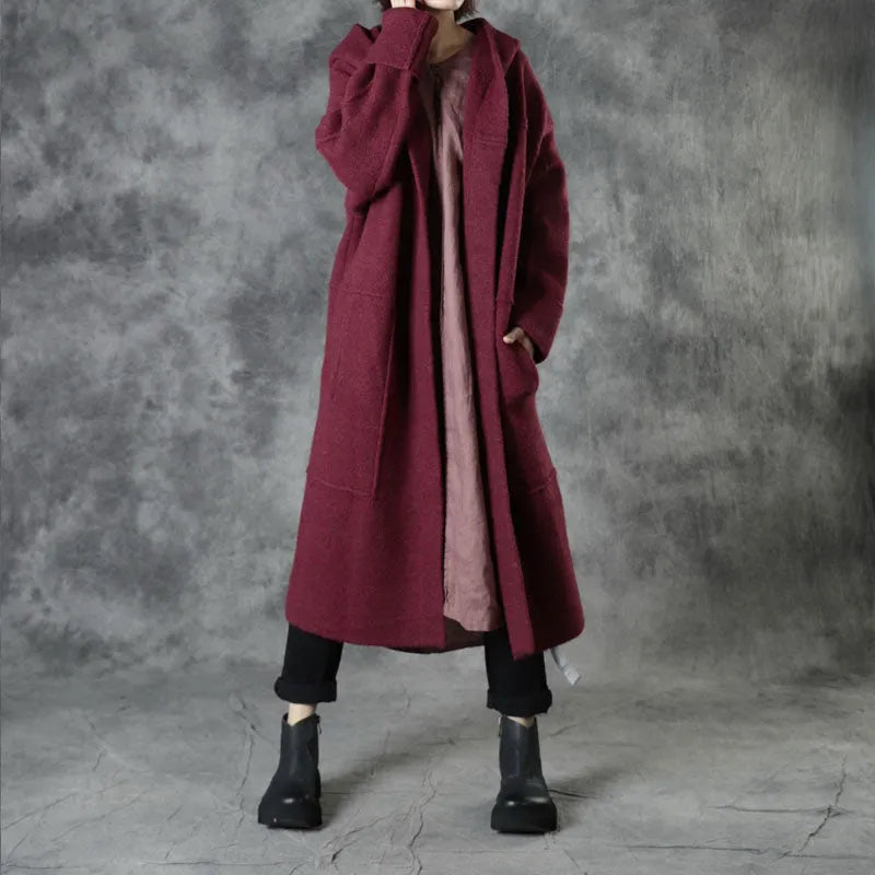 Mulberry Loose Pockets Fall Hooded Long Sleeve Sweaters Coat