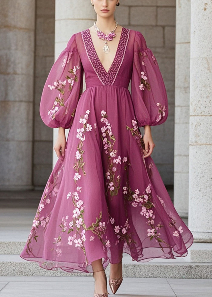 Purple Print Chiffon Party Dress Lantern Sleeve