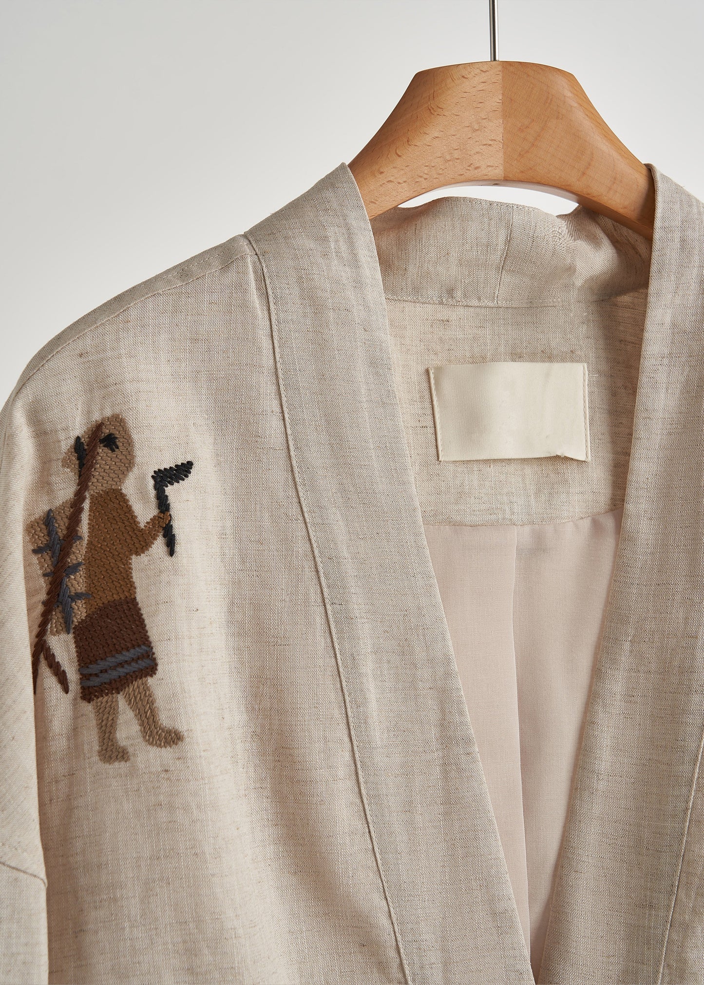 Beige Embroidered Oversized Linen Coat Fall