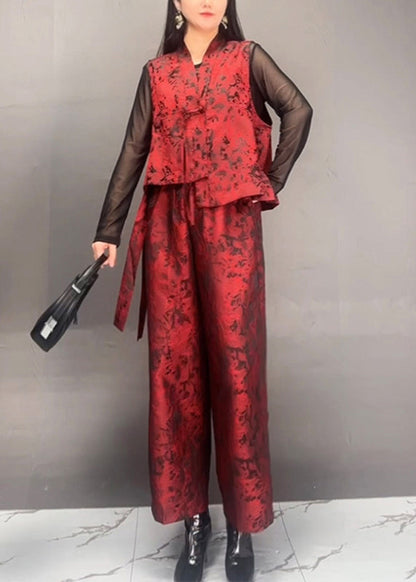Black Print Asymmetrical Silk Cotton Waistcoat and Wide Leg Pants Two Piece Set Fall