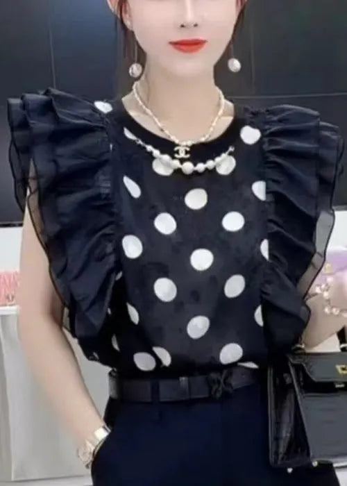 New Black O-neck Ruffled Print Chiffon Tops Summer