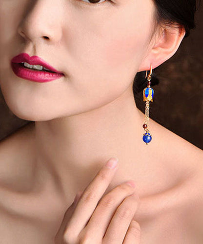 Blue Agate Cloisonne Tassel 14k Gold Drop Earrings