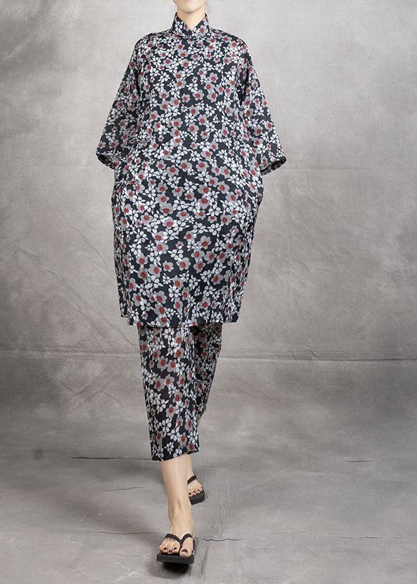 Chinese Style Black Print Tops and Pants Linen Two Pieces Set Summer