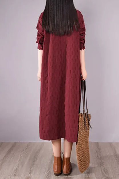 -loose Embroidery Lace Dress Cotton and Linen Long Sleeve Dress