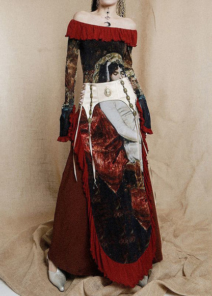 Red Ruffled Print Cotton Maxi Dresses Long Sleeve