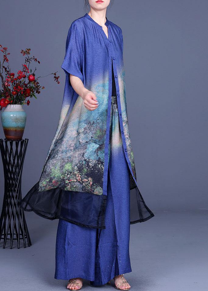 Black Print Cardigan + Wide Leg Pants Two Piece Set Summer