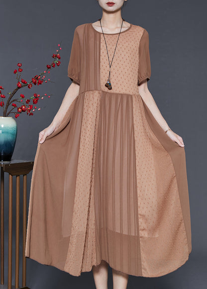 Khaki Patchwork Cotton Silk Pleated Dress Summer