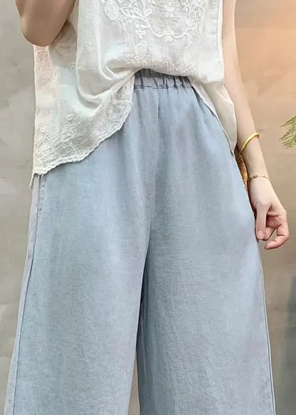Light Blue Linen Wide Leg Pants Ruffled Summer