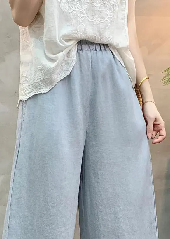Light Blue Linen Wide Leg Pants Ruffled Summer