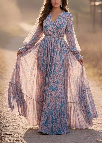 Blue Patchwork Tunic Chiffon Long Dresses Lantern Sleeve