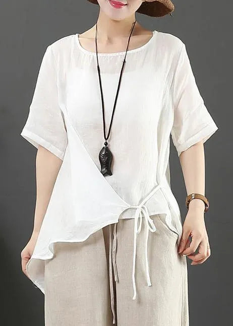 Italian O Neck Asymmetric Cotton Linen Clothes Pink Silhouette Blouses
