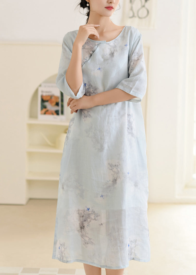 New Apricot O Neck Print Linen Long Dresses Summer