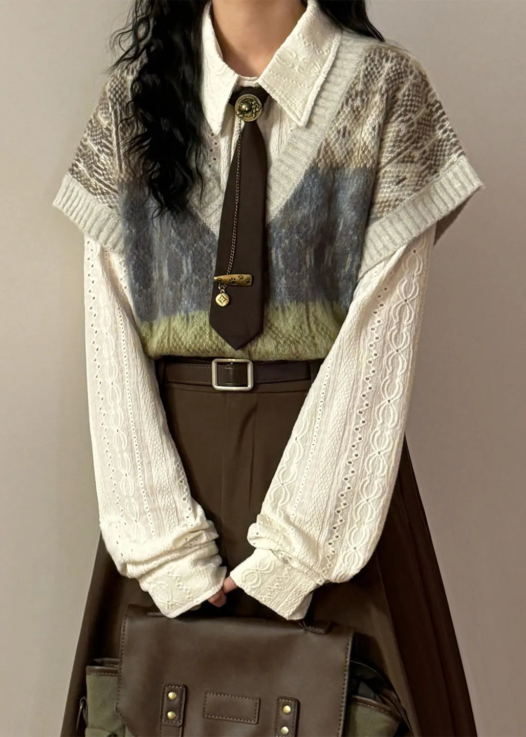 Jacquard Gradient Color V Neck Oversized Knit Vest Spring